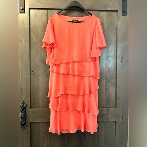 Tahari Coral Flounce Dress. Cocktail, Evening, Weekend. Loose Ruffles. SZ 10P